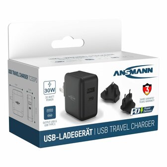 Ansmann USB Reis Oplader 30W + Verwisselbare Stekkers Zwart