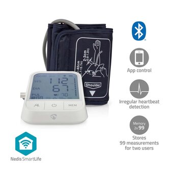 Nedis BTHBP10WT Smartlife Bloeddrukmeter Arm Bluetooth&reg; Lcd-scherm 22 - 42 Cm Aanduiding Van Stil Houden / Detectie Van Onregelmatige Hartslag / Detectie Voor Het Dragen Van Armband Wit