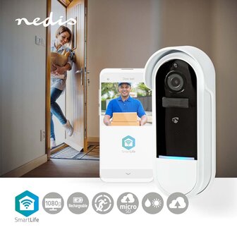 Nedis WIFICDP30WT Smartlife Videodeurbel Wi-fi Batterij Gevoed / Transformator Android&trade; / Ios Full Hd 1080p Cloud Opslag (optioneel) / Microsd (niet Inbegrepen) Ip54 Met Bewegingssensor Nachtzicht Wit