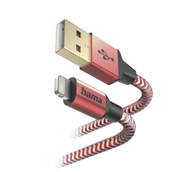 Hama Oplaadkabel Reflective USB- A - Lightning 1,5 M Nylon Rood