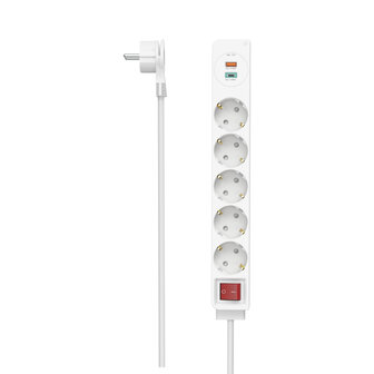 Hama Stekkerdoos 5-voudig USB-C/A 18W PD/QC&trade; Schak. Platte St. 1,4 M Wit