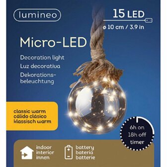 Lumineo Micro LED Kerstbal Batterij Binnen D10 cm Timer KlassiekWarm