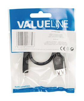 Valueline Vlcp60570b02 Usb 2.0 Usb Micro B Mannelijk - Usb A Vrouwelijk Adapter Kabel 0,20 M Zwart