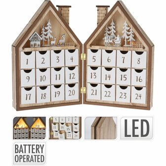 Houten LED Huis Adventskalender Bruin/Wit