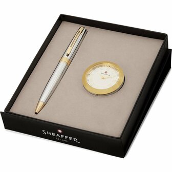 Sheaffer SF-G2934251-1 Balpen 300 M Giftset Bright Chrome Gold Tone Met Gold Plated + Tafelklok