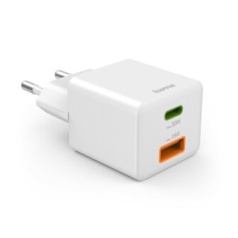 Hama Snellader 1x USB-C PD 1x USB-A QC Mini-oplader 30 W Wit