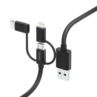 Hama 3in1 Multi-oplaadkabel USB-A - Micro-USB USB-C En Lightning 1,5 M Zwart