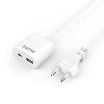 Hama USB Netadapter met 190 cm Lange Kabel 3.5A 1x USB A 1x USB C Wit