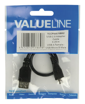 Valueline Vlcp60570b02 Usb 2.0 Usb Micro B Mannelijk - Usb A Vrouwelijk Adapter Kabel 0,20 M Zwart