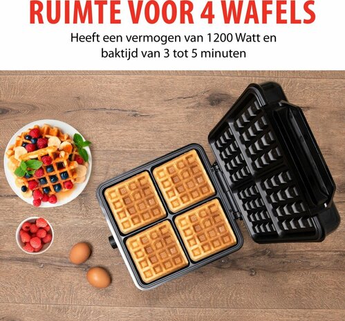 Alpina Wafelijzer Brusselse Wafels Antiaanbaklaag 4 Wafels 1200W