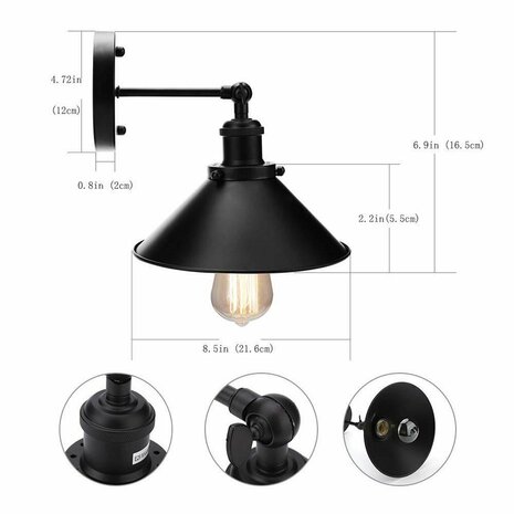 Homestyle Pro MK023-B Industriële Wandlamp 22 cm Zwart/Metaal