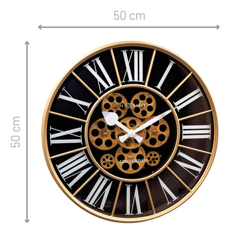 NeXtime NE-3283ZW Gear Klok William + Bewegende Tandwielen 50 cm Zwart