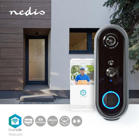 Nedis WIFICDP20GY Smartlife Videodeurbel Wi-fi Batterij Gevoed Android™ & Ios Full Hd 1080p Cloud / Microsd Ip54 Met Bewegingssensor Nachtzicht Grijs/zwart