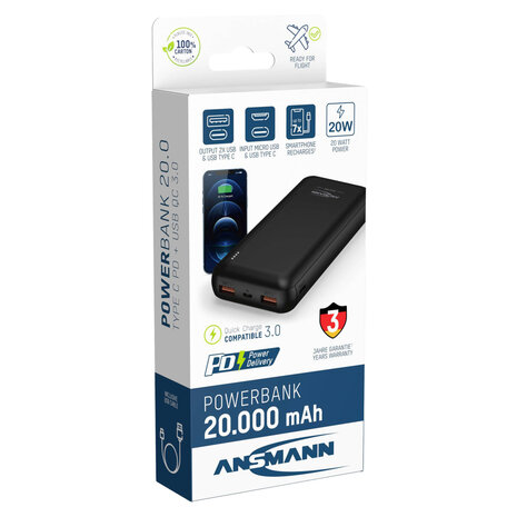 Ansmann Powerbank USB-C 20.000 mAh Zwart