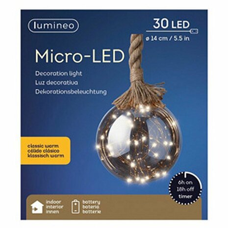 Lumineo Micro LED Kerstbal Batterij Binnen D14 cm Timer KlassiekWarm