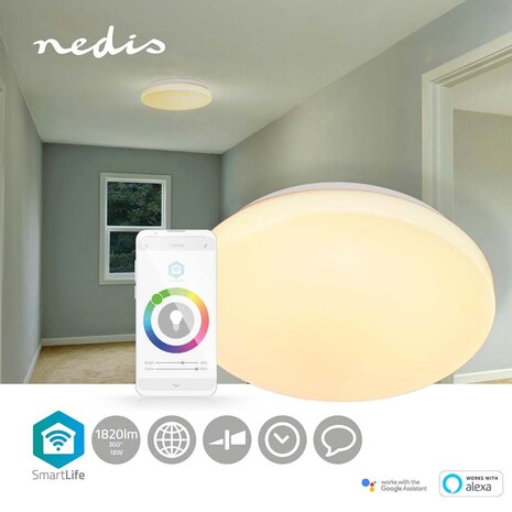 Nedis WIFILAW11WT Smartlife Plafondlamp Wi-fi Rgb / Warm Tot Koel Wit Rond Diameter: 260 Mm 1820 Lm 3000 - 6500 K Ip20 Energieklasse: F Android™ / Ios