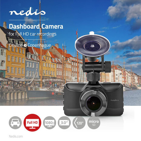 Nedis DCAM15BK Dashcam Full Hd 1080 P 1 Ch 3,0 Inch Kijkhoek Van 120° Metalen Behuizing