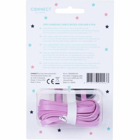 Kangaro K-58191006 Dresz 2in1 Micro-USB Laadkabel + Pin Lippen Roze