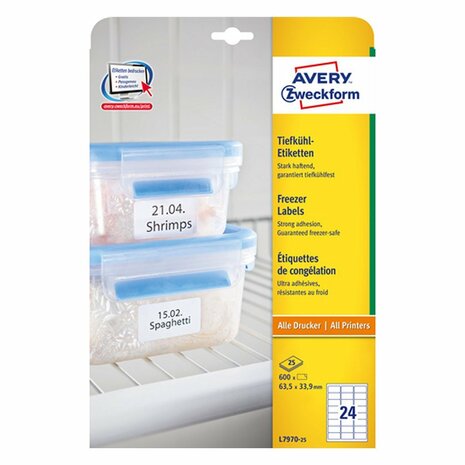 Avery AV-L7970-25 Diepvriesetiketten 63.5x33.9 mm 600 Stuks Wit