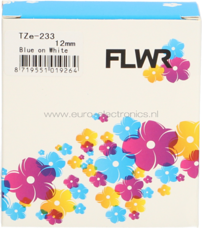 FLWR Brother TZE-233 blauw op wit breedte 12 mm