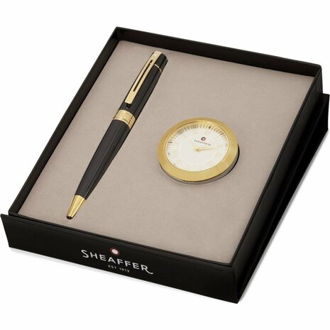 Sheaffer SF-G2932551-1 Balpen 300 M Giftset Glossy Black Chrome Plated + Tafelklok