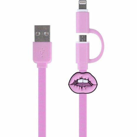 Kangaro K-58191006 Dresz 2in1 Micro-USB Laadkabel + Pin Lippen Roze