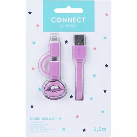 Kangaro K-58191006 Dresz 2in1 Micro-USB Laadkabel + Pin Lippen Roze